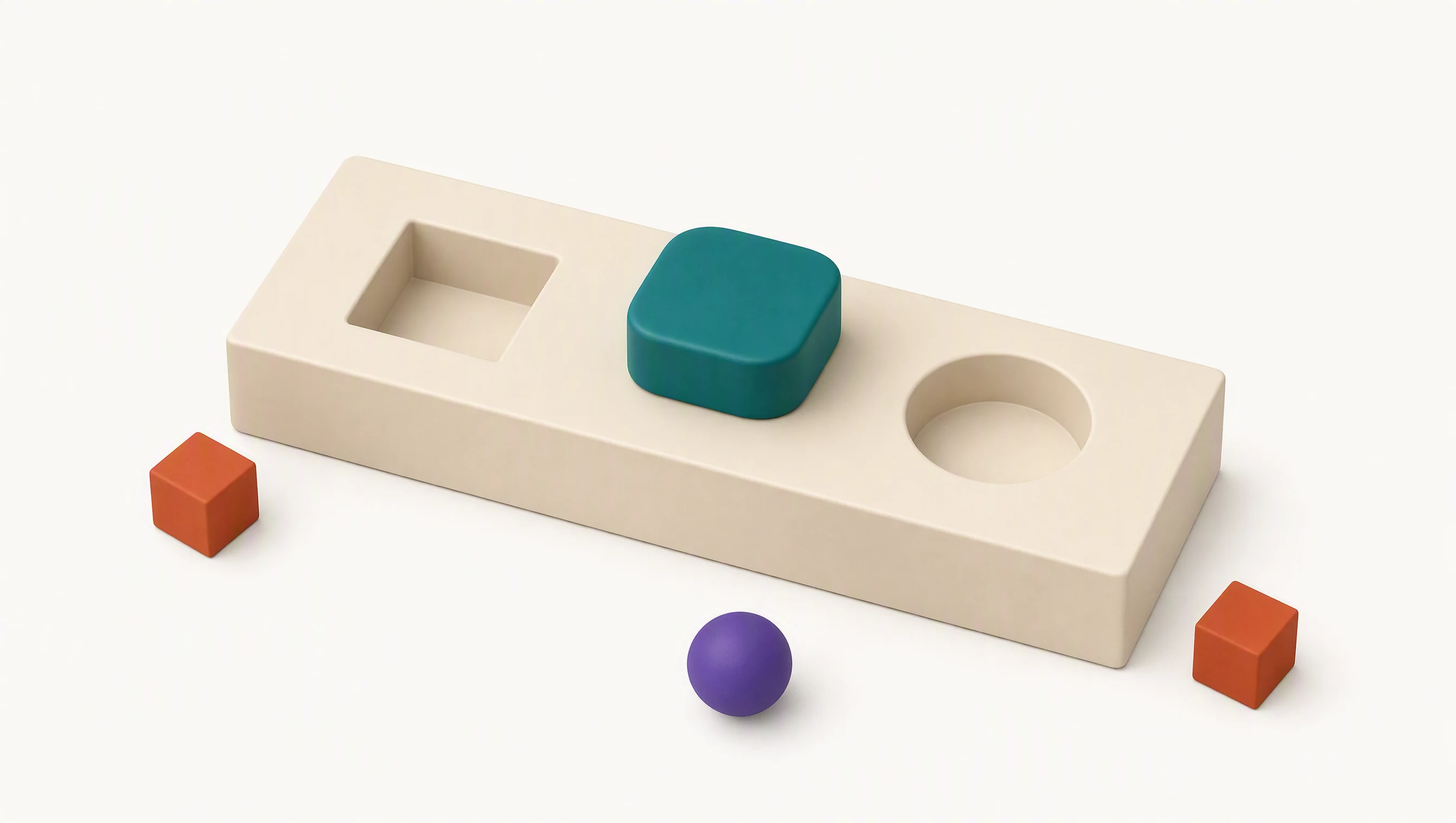 A pale block with two empty recesses cut into it, one square and one round, and a single teal rounded-square object resting on the surface between them, fitting neither.