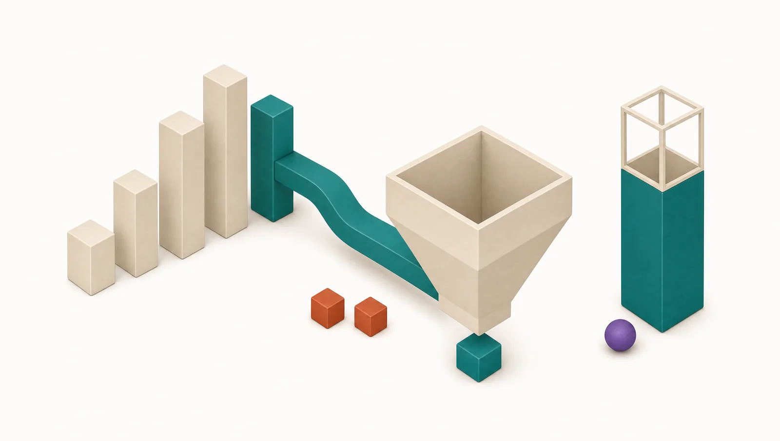 Five blocks of different sizes feeding along a channel into an open hopper, with one much smaller block coming out underneath, and a separate tall block whose upper third is an empty wireframe outline.