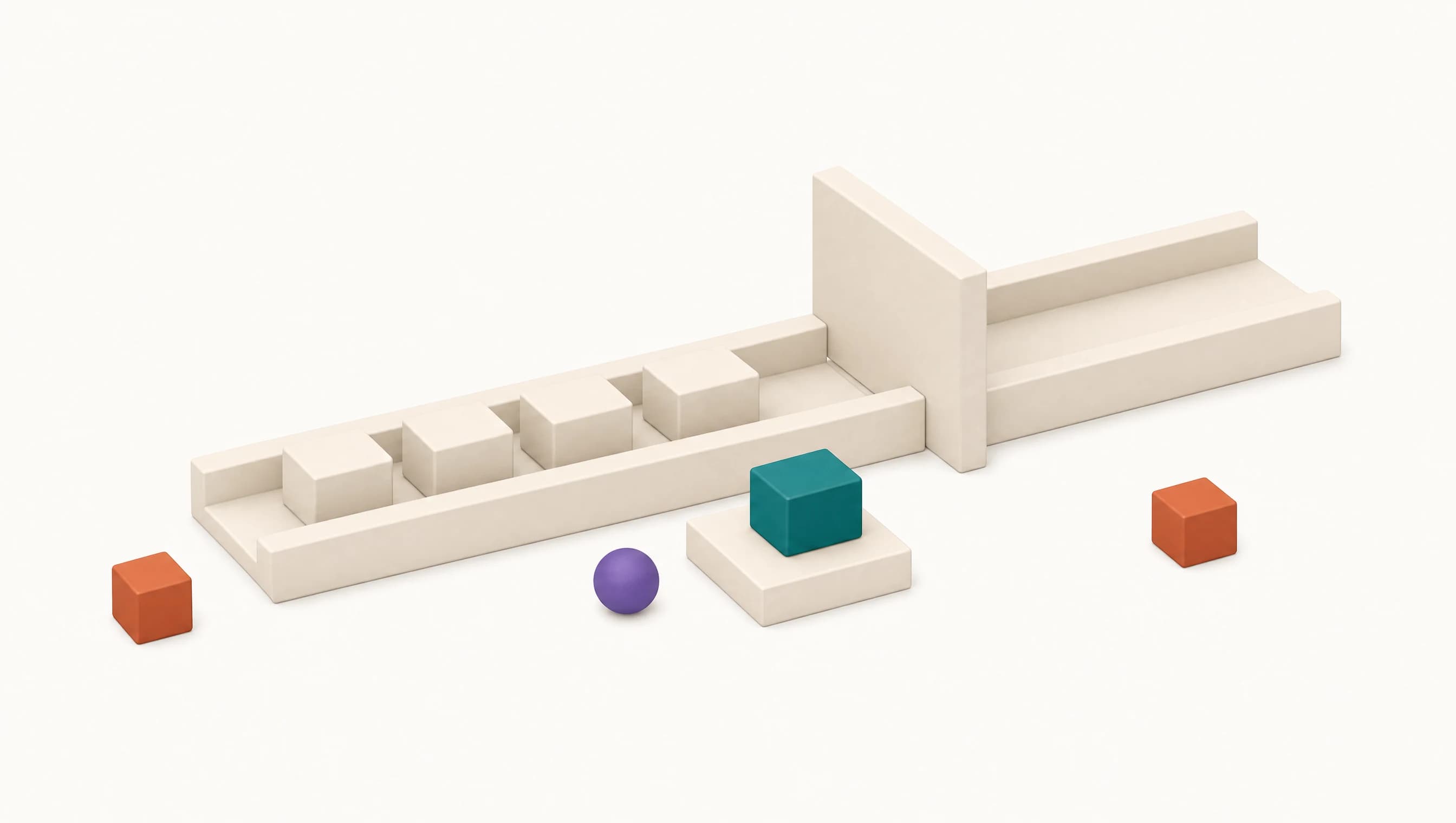 A line of pale blocks halted in a low channel by a solid upright panel, with one teal block lifted out onto its own small plinth beside the line, and the channel beyond the panel completely empty.