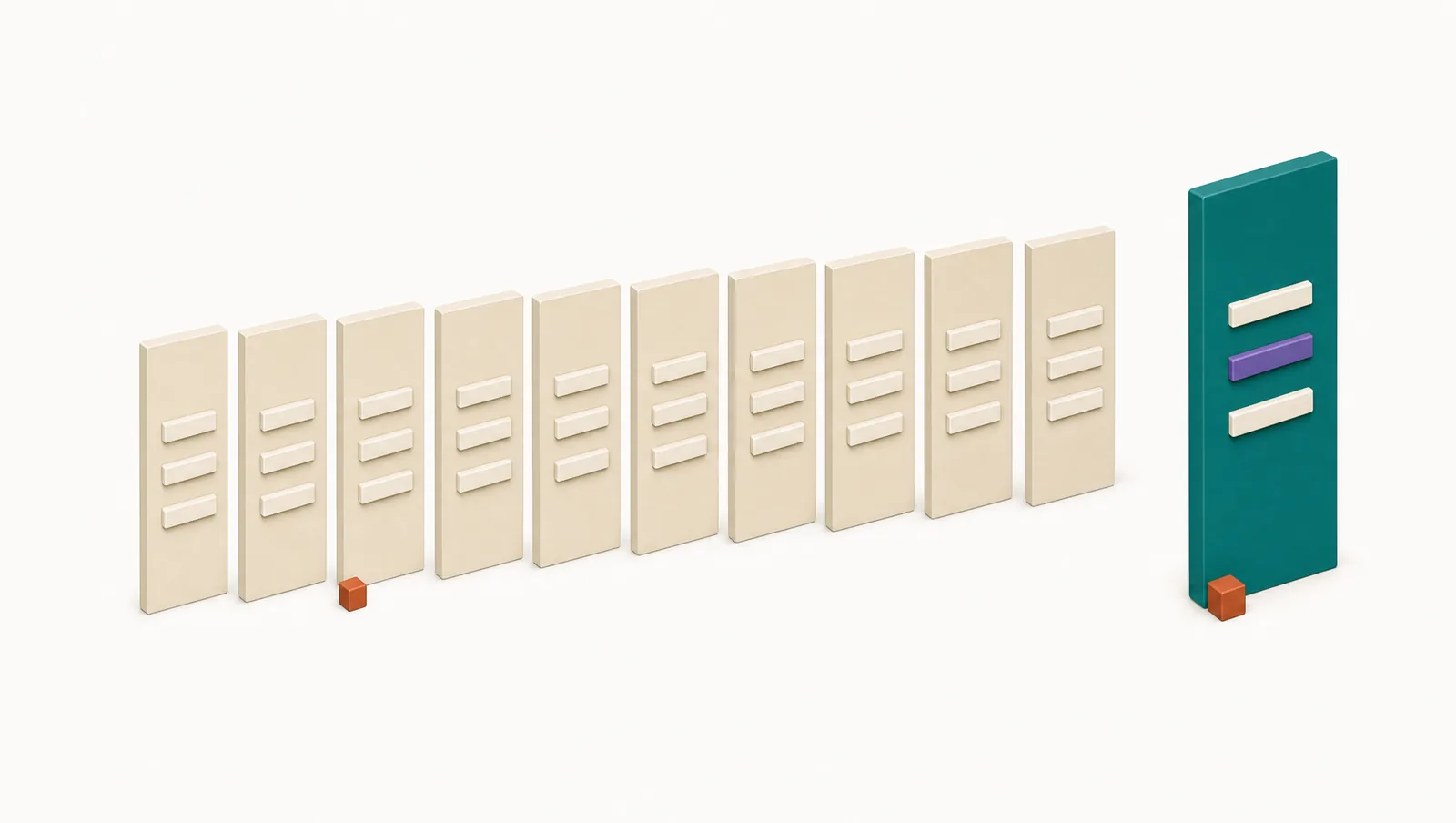 A long row of near identical pale panels, each carrying the same three bars in the same positions, with one taller teal panel standing apart from the line and turned to face the viewer.