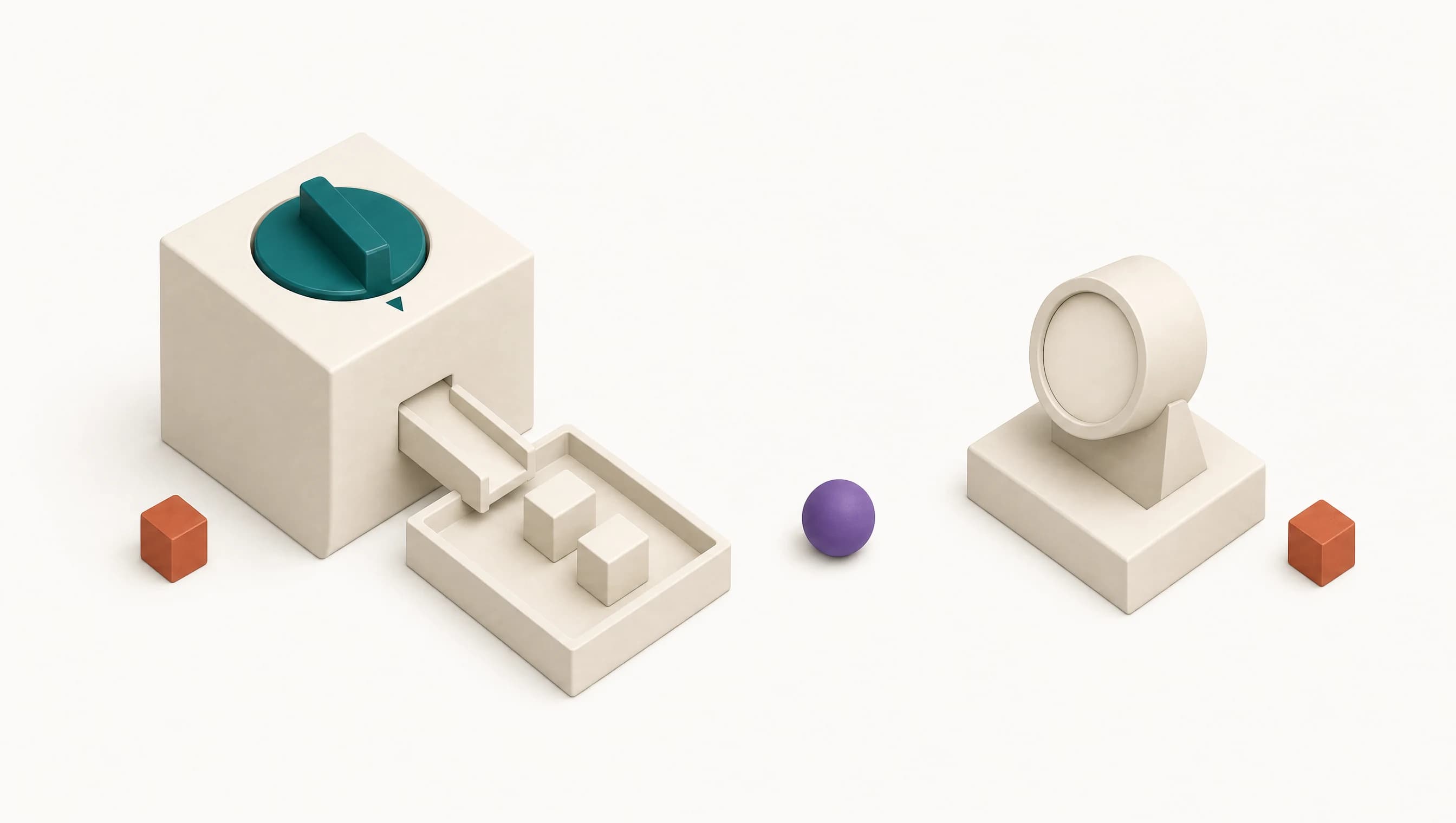A pale block with a teal dial feeding a short channel into a tray of blocks, and separately, across a clear span of empty ground, a small instrument with a blank round face on its own plinth, connected to nothing.