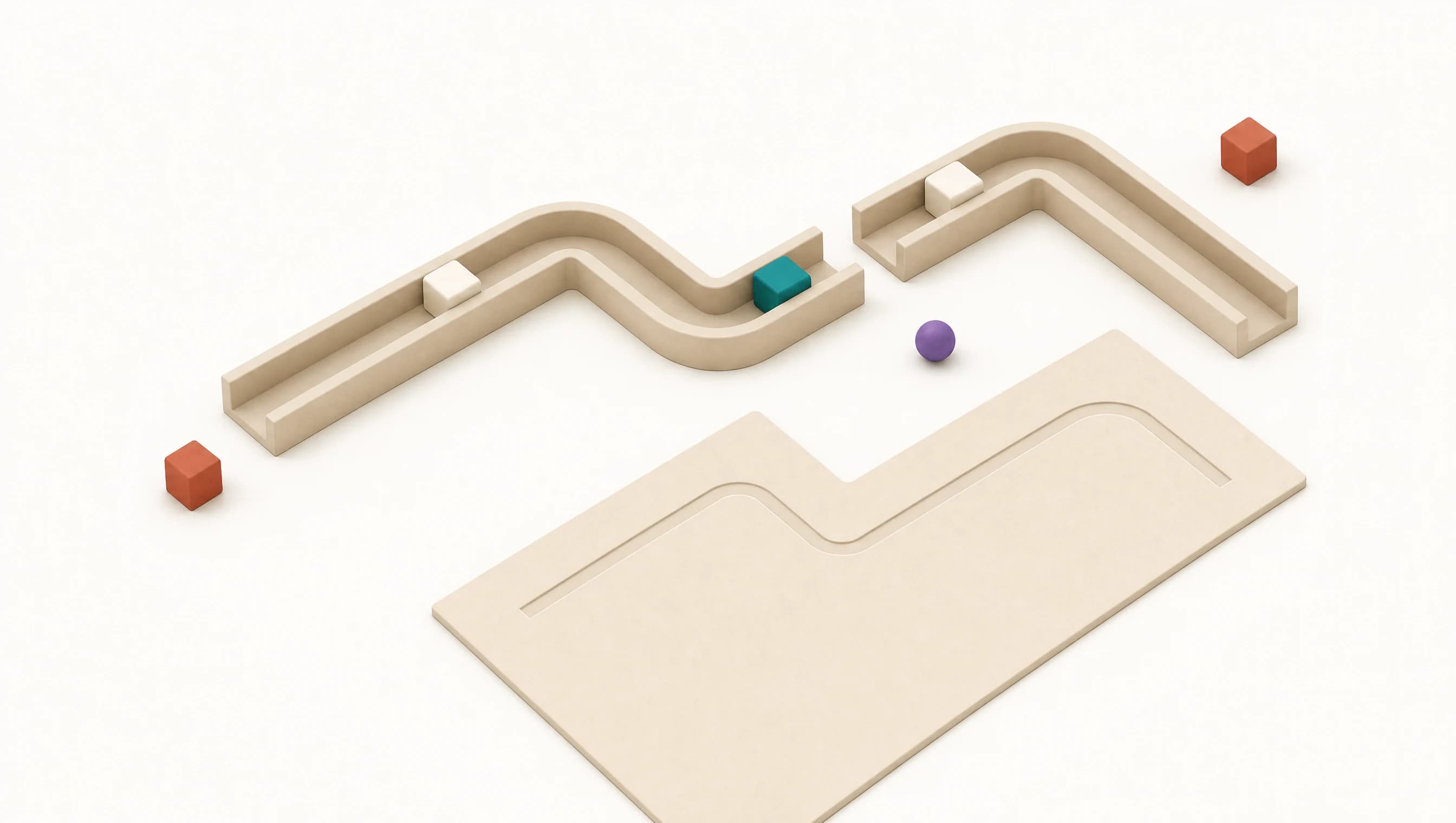 A raised channel carrying pale blocks with one segment simply missing, leaving an open gap, and a teal block stopped at the edge of it. Below, a flat card carries the same route embossed complete and unbroken.