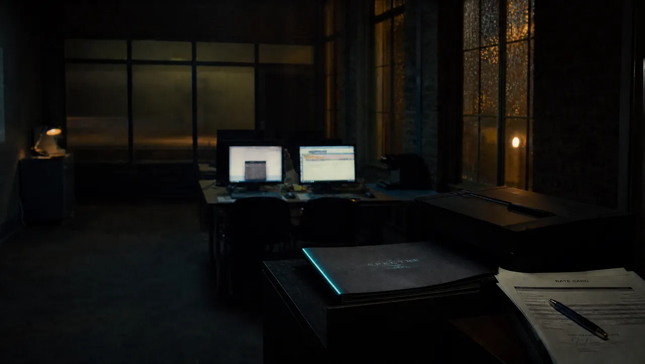 A desk at night: a monitor showing a priced proposal, a printed page beside it with a teal signature line, the lamp low.